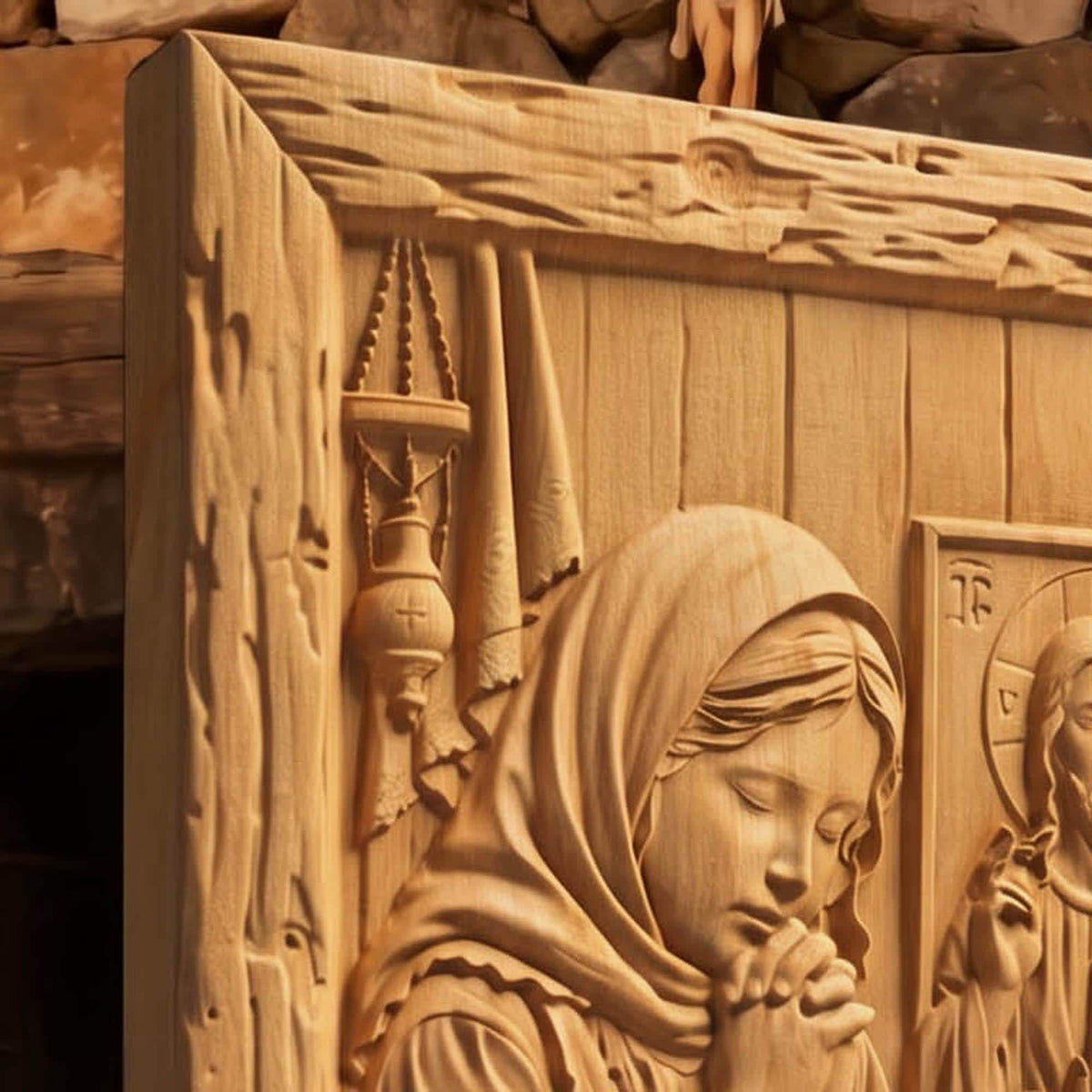 Young Girl Praying Wooden Carved Handmade Christian Icon Byzantine Greek Orthodox Home Decor Cretan Holy Carvings