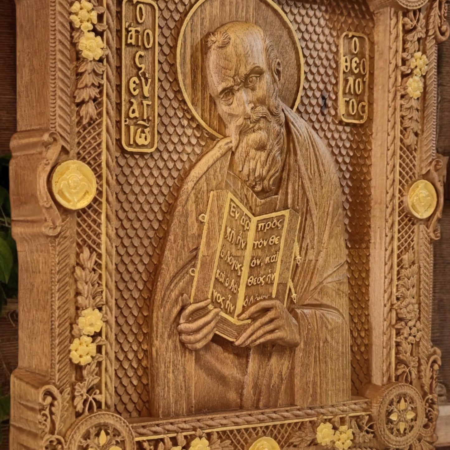 Saint John the Theologian Wooden Carved Handcrafted Christian Religious Icon. Byzantine Home Wall Art Decor Gift. Orthodox Greek Woodcarving Sculpture.