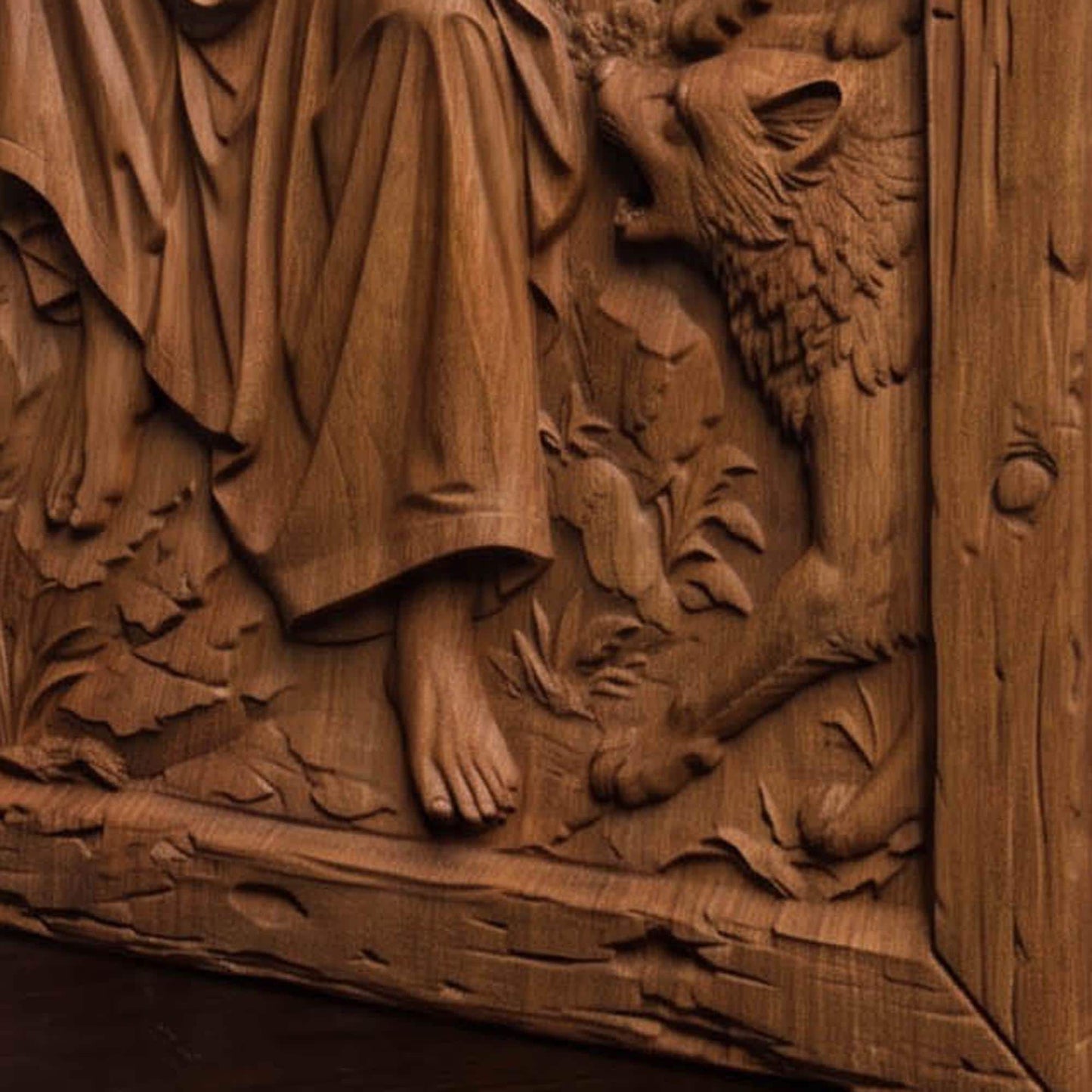Jesus Christ Protecting Us Against the Wolves Wooden Carved Handmade Christian Icon Byzantine Greek Orthodox Home Decor Cretan Holy Carvings