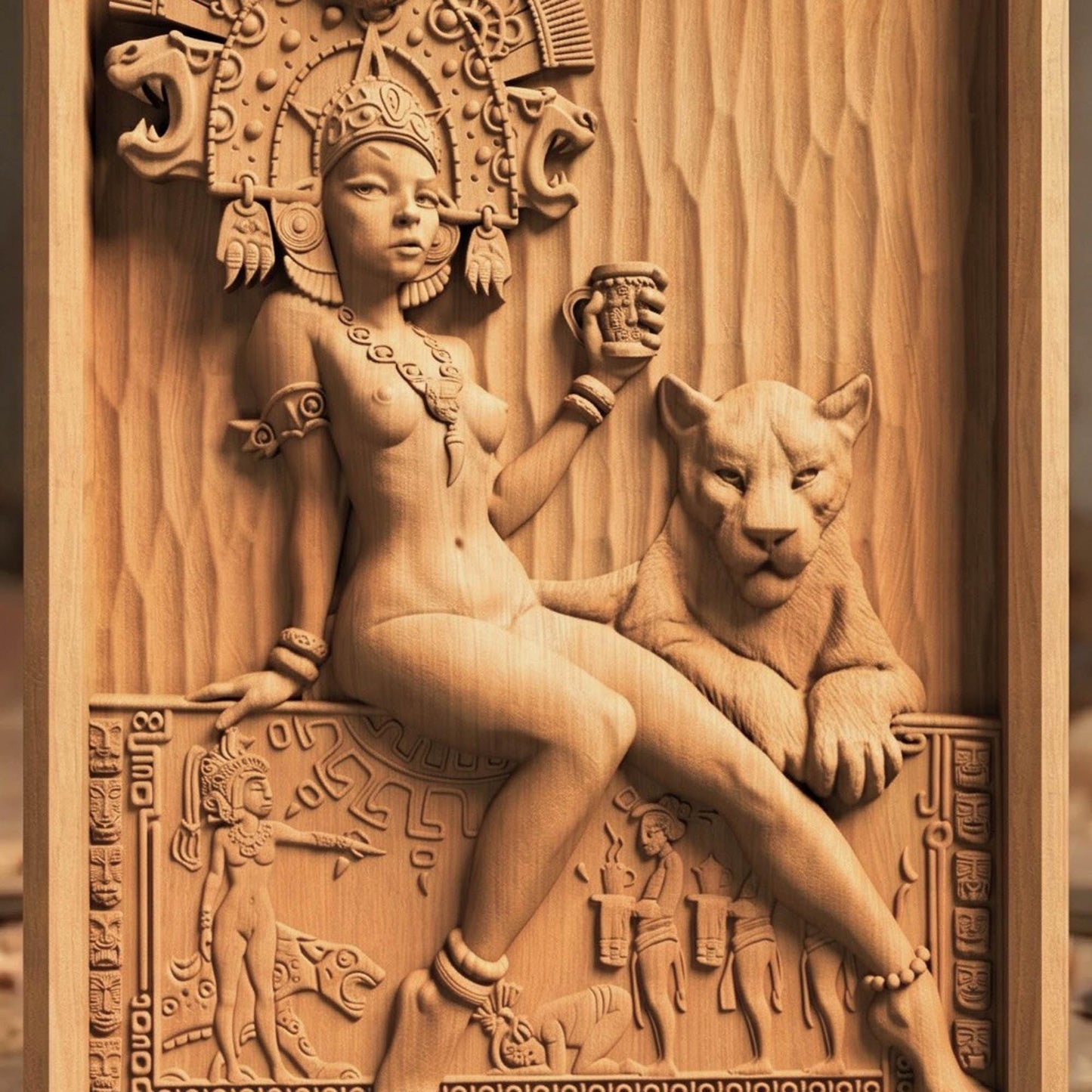 Aztec Woman Framed Bas Relief | Wooden Woman Carving | Sculptural Gift Idea