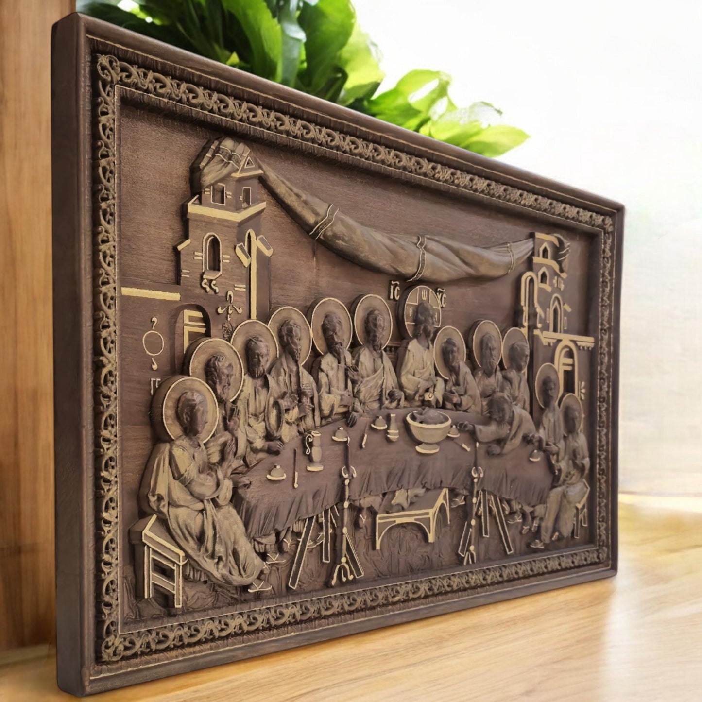 Last Supper Wooden Carved Handcrafted Christian Religious Icon. Byzantine Home Wall Art Decor Gift. Orthodox Greek Woodcarving Sculpture.