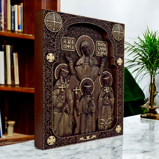 Saints Sophia Faith Hope Love Wooden Carved Handcrafted Christian Religious Icon. Byzantine Home Wall Art Decor Gift. Orthodox Greek Woodcarving Sculpture.