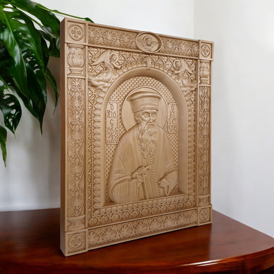 Saint Kosmas the Aetolian Wooden Carved Handcrafted Christian Religious Icon. Byzantine Home Wall Art Decor Gift. Orthodox Greek Woodcarving Sculpture.