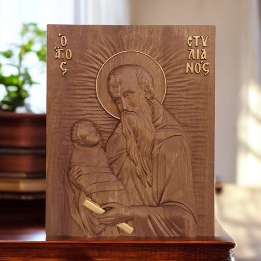 Saint Stylianos Wooden Carved Handcrafted Christian Religious Icon. Byzantine Home Wall Art Decor Gift. Orthodox Greek Woodcarving Sculpture.
