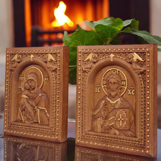 Christ and Mother of God Set Two Wooden Carved Handcrafted Christian Religious Icon. Byzantine Home Wall Art Decor Gift. Orthodox Greek Woodcarving Sculpture.