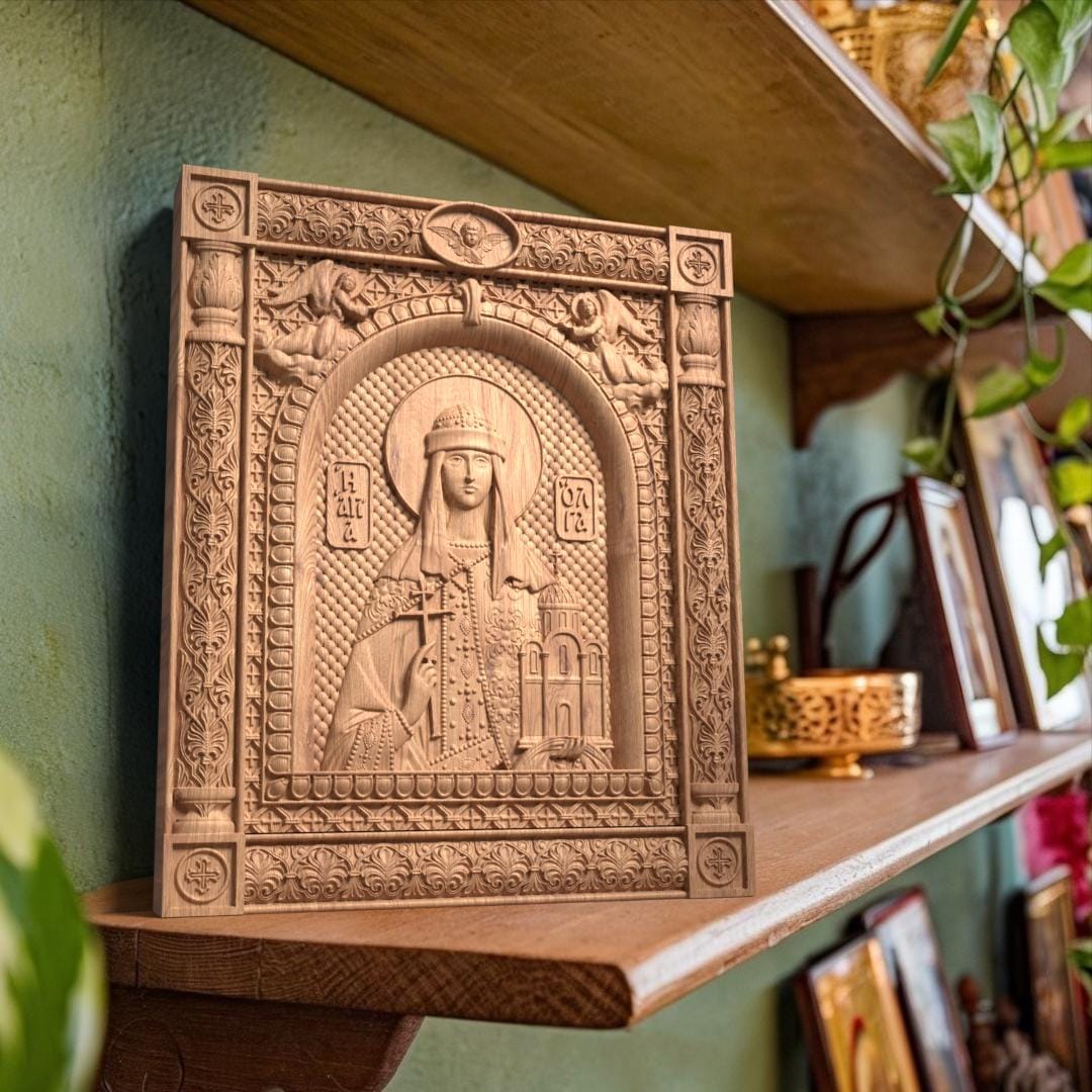 Saint Olga Wooden Carved Handcrafted Christian Religious Icon. Byzantine Home Wall Art Decor Gift. Orthodox Greek Woodcarving Sculpture.