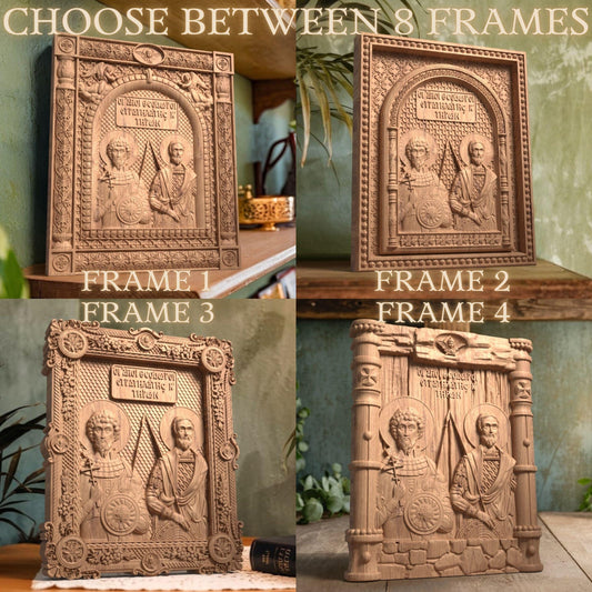 Saints Theodore Tyron and Stratelates Wooden Carved Handcrafted Christian Religious Icon. Byzantine Home Wall Art Decor Gift. Orthodox Greek Woodcarving Sculpture.