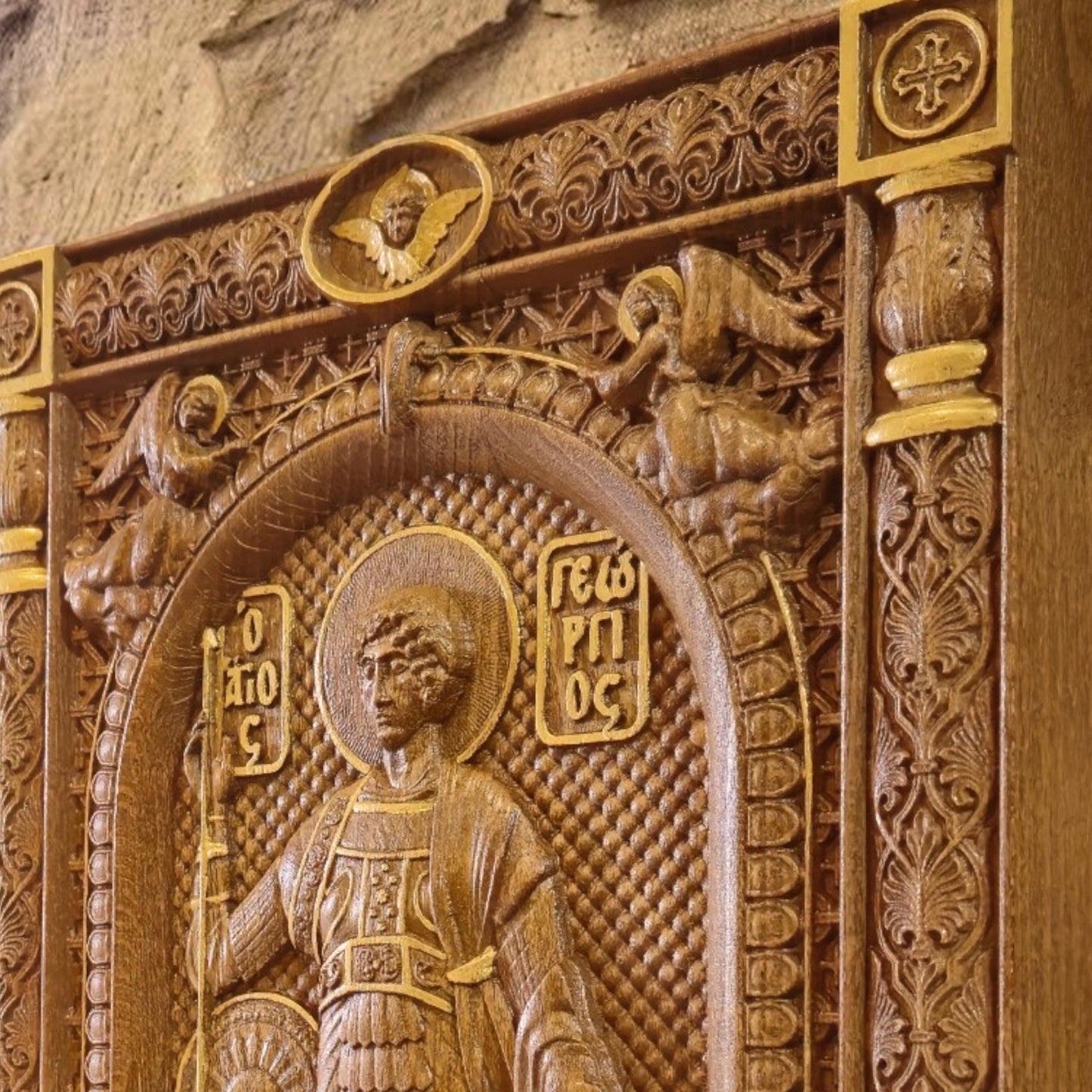 Saint George Wooden Carved Handcrafted Christian Religious Icon. Byzantine Home Wall Art Decor Gift. Orthodox Greek Woodcarving Sculpture.