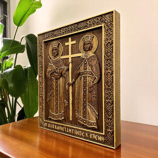 Saints Constantine and Helena Wooden Carved Handcrafted Christian Religious Icon. Byzantine Home Wall Art Decor Gift. Orthodox Greek Woodcarving Sculpture.