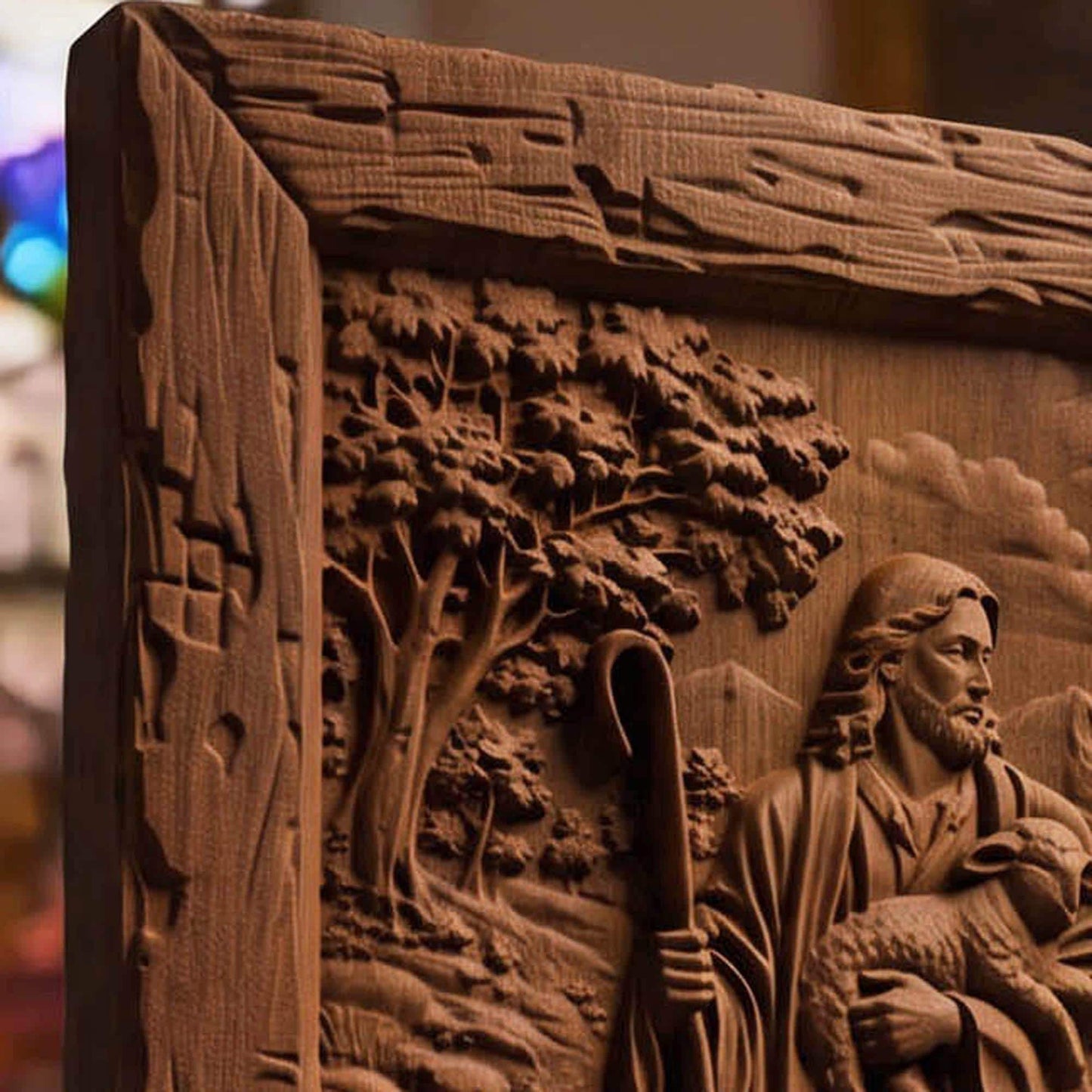 Jesus Christ the Good Shepherd Wooden Carved Handmade Christian Icon Byzantine Greek Orthodox Home Decor Cretan Holy Carvings