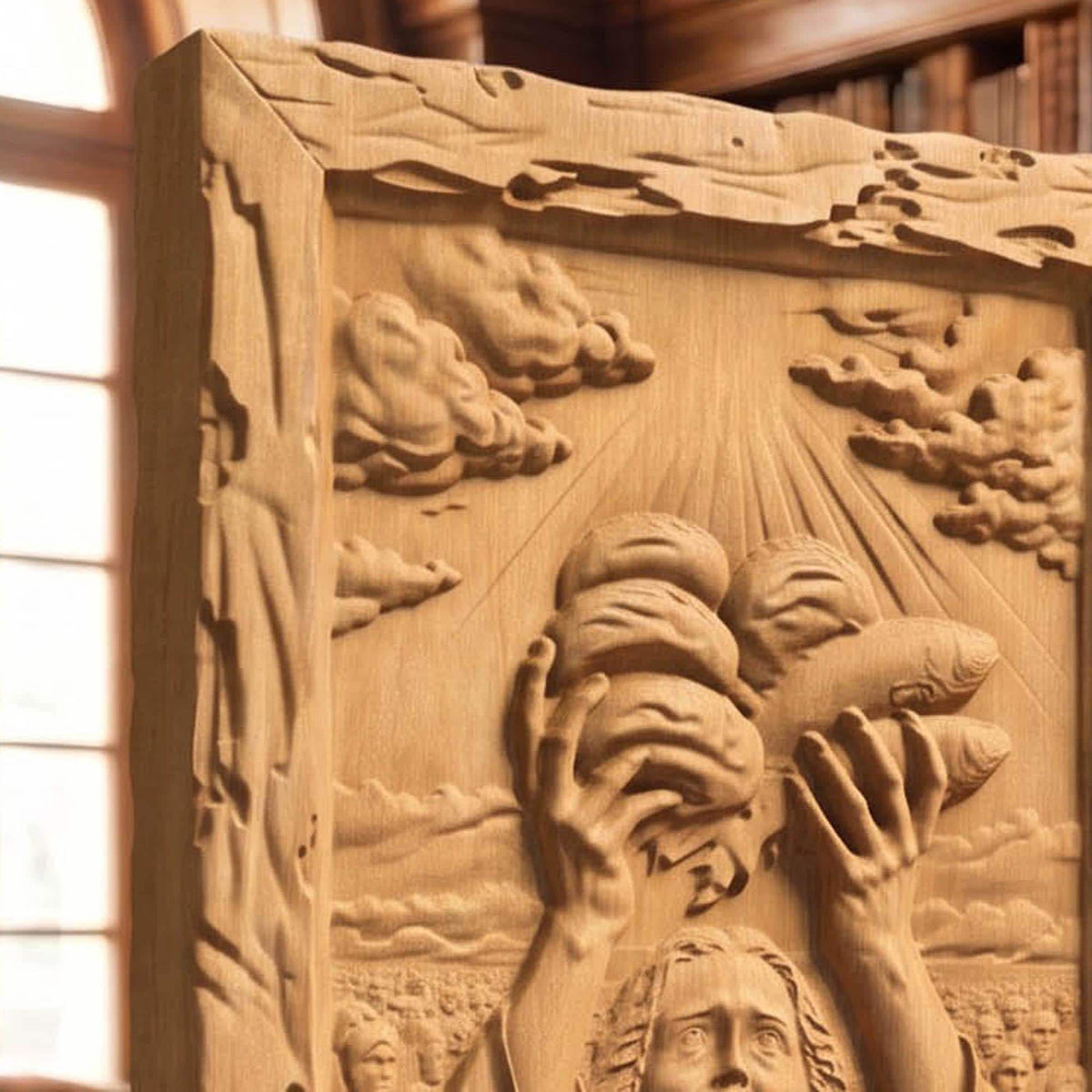 Jesus Christ Feeds the 5000 Wooden Carved Handmade Christian Icon Byzantine Greek Orthodox Home Decor Cretan Holy Carvings