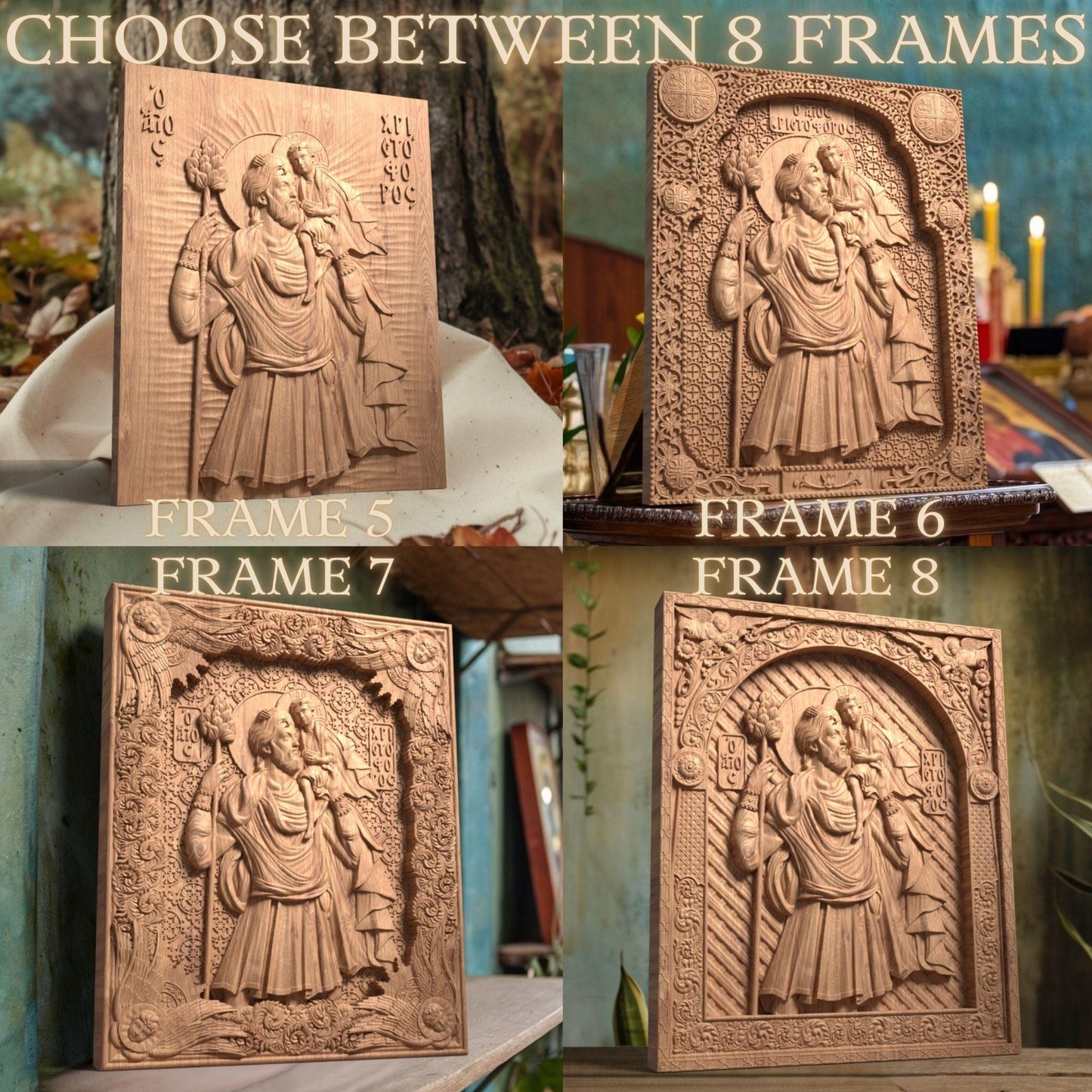 Saint Christopher Wooden Carved Handcrafted Christian Religious Icon. Byzantine Home Wall Art Decor Gift. Orthodox Greek Woodcarving Sculpture.