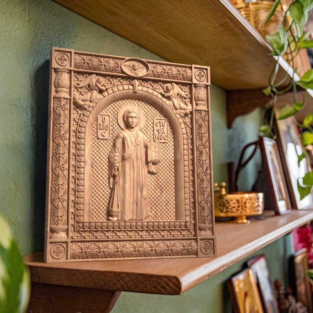 Saint Stephen Wooden Carved Handcrafted Christian Religious Icon. Byzantine Home Wall Art Decor Gift. Orthodox Greek Woodcarving Sculpture.