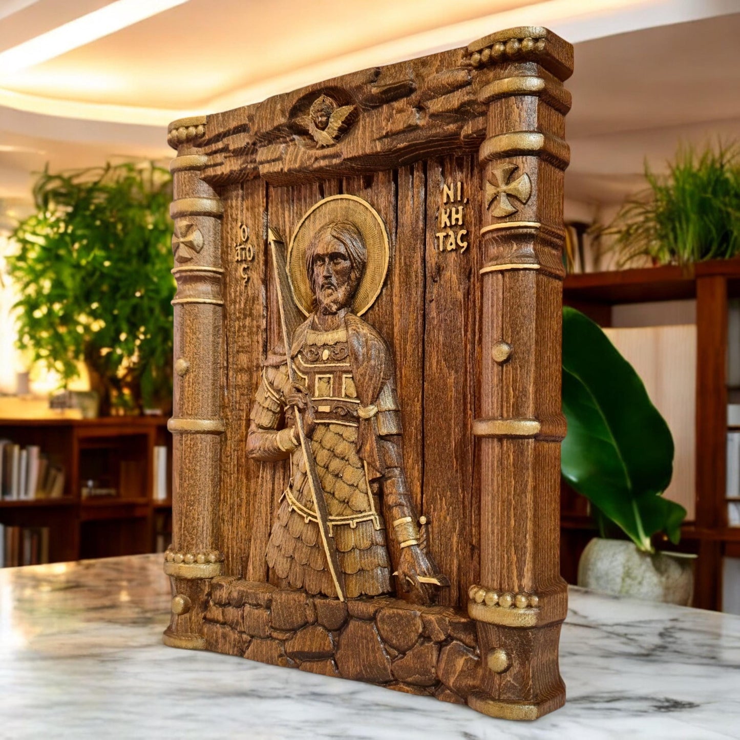 Saint Nikitas Wooden Carved Handcrafted Christian Religious Icon. Byzantine Home Wall Art Decor Gift. Orthodox Greek Woodcarving Sculpture.