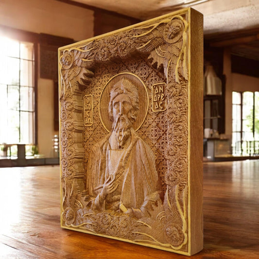 Saint Andrew the Apostle Wooden Carved Handcrafted Christian Religious Icon. Byzantine Home Wall Art Decor Gift. Orthodox Greek Woodcarving Sculpture.