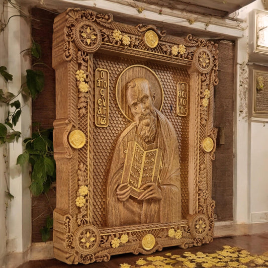 Saint John the Theologian Wooden Carved Handcrafted Christian Religious Icon. Byzantine Home Wall Art Decor Gift. Orthodox Greek Woodcarving Sculpture.