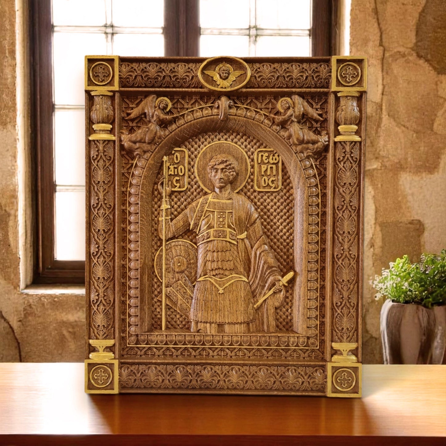 Saint George Wooden Carved Handcrafted Christian Religious Icon. Byzantine Home Wall Art Decor Gift. Orthodox Greek Woodcarving Sculpture.