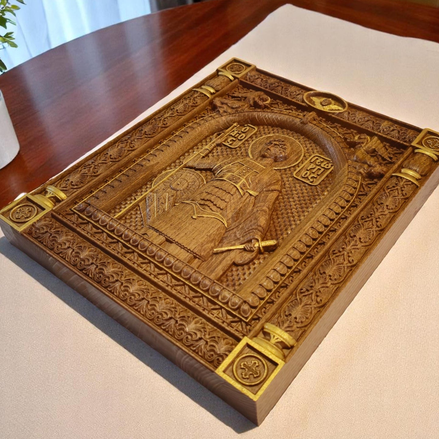 Saint George Wooden Carved Handcrafted Christian Religious Icon. Byzantine Home Wall Art Decor Gift. Orthodox Greek Woodcarving Sculpture.