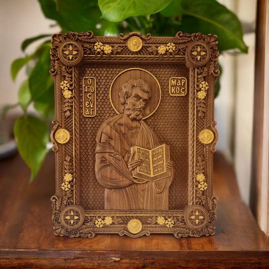 Mark the Evangelist Wooden Carved Handcrafted Christian Religious Icon. Byzantine Home Wall Art Decor Gift. Orthodox Greek Woodcarving Sculpture.