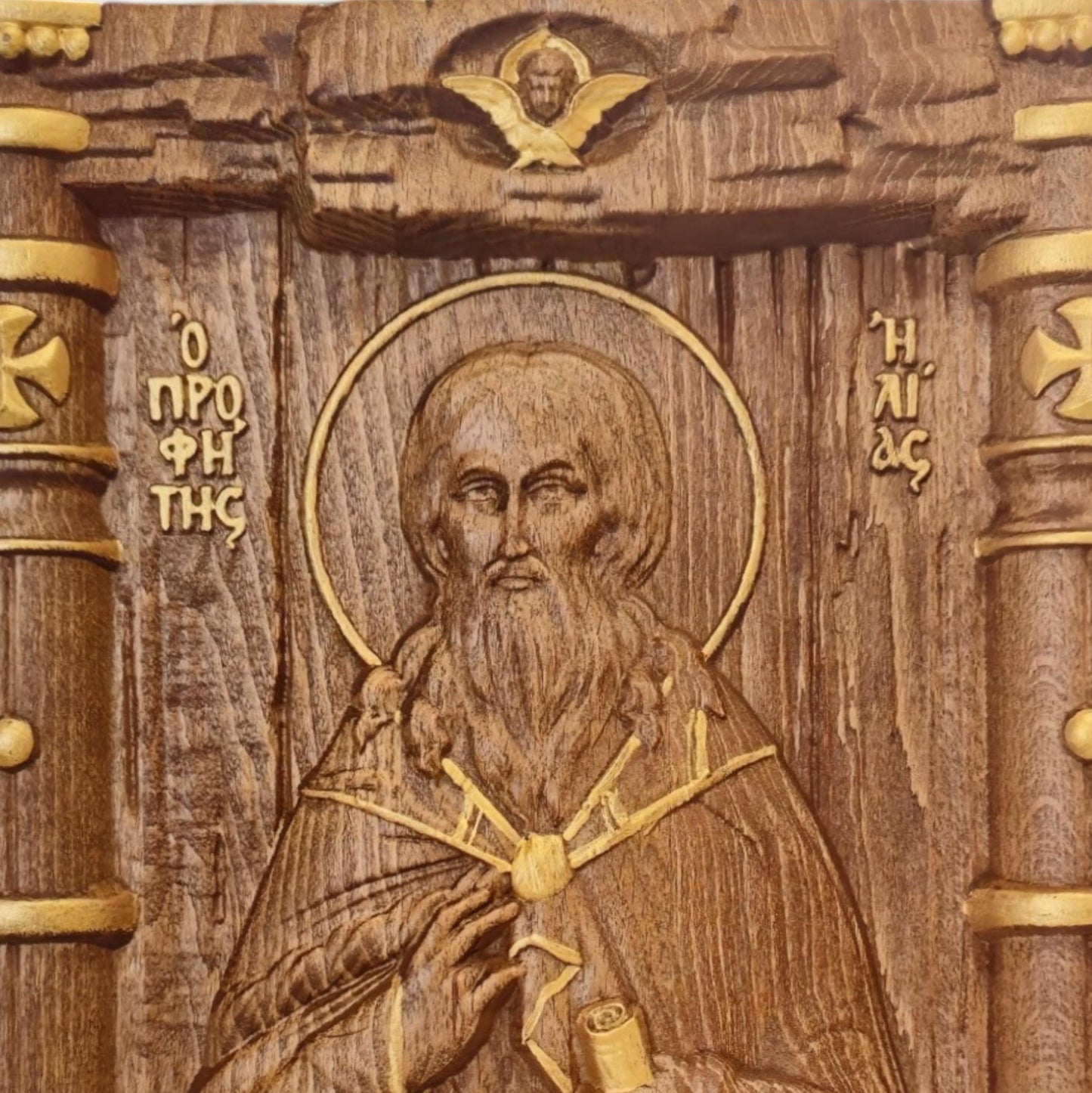 Prophet Elijah Wooden Carved Handcrafted Christian Religious Icon. Byzantine Home Wall Art Decor Gift. Orthodox Greek Woodcarving Sculpture.