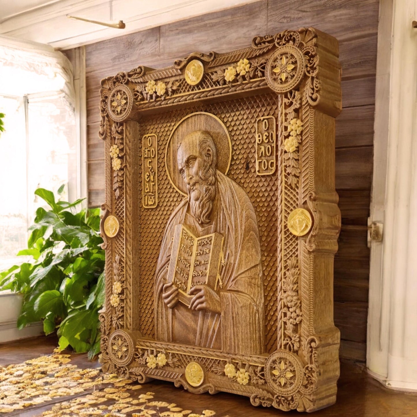 Saint John the Theologian Wooden Carved Handcrafted Christian Religious Icon. Byzantine Home Wall Art Decor Gift. Orthodox Greek Woodcarving Sculpture.