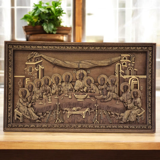 Last Supper Wooden Carved Handcrafted Christian Religious Icon. Byzantine Home Wall Art Decor Gift. Orthodox Greek Woodcarving Sculpture.