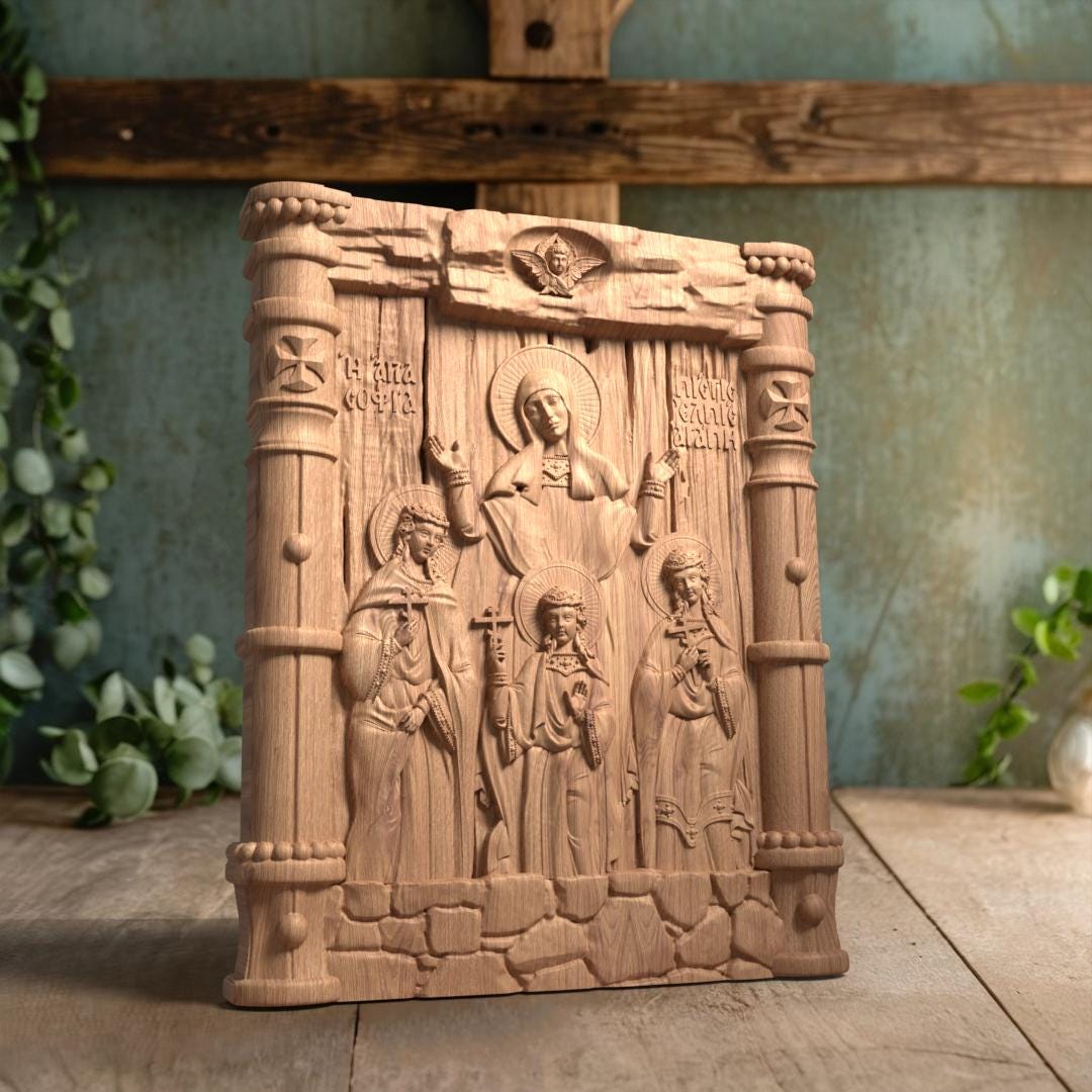 Saints Sophia Faith Hope Love Wooden Carved Handcrafted Christian Religious Icon. Byzantine Home Wall Art Decor Gift. Orthodox Greek Woodcarving Sculpture.