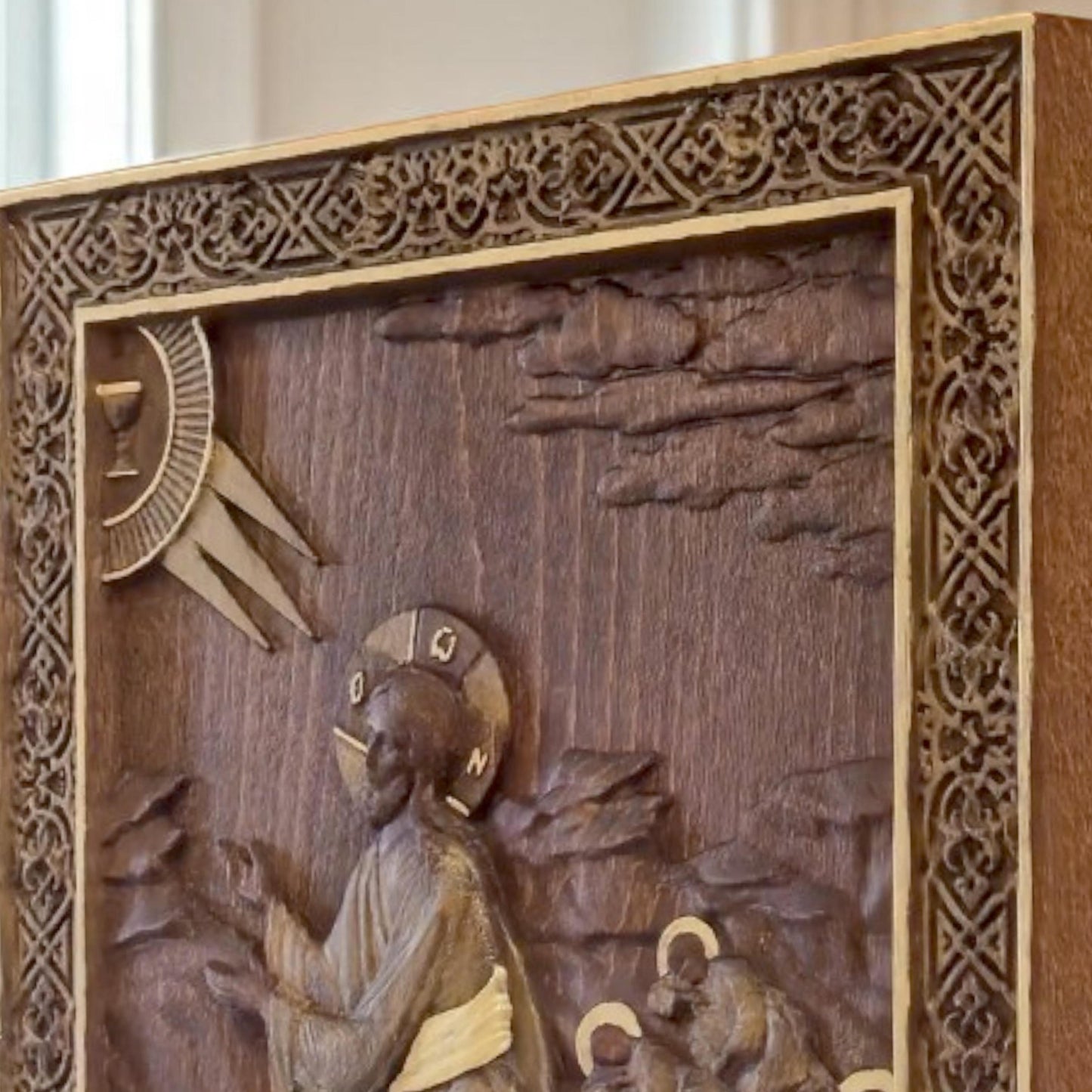 Jesus Christ praying Gethsemane Wooden Carved Handcrafted Christian Religious Icon. Byzantine Home Wall Art Decor Gift. Orthodox Greek Woodcarving Sculpture.