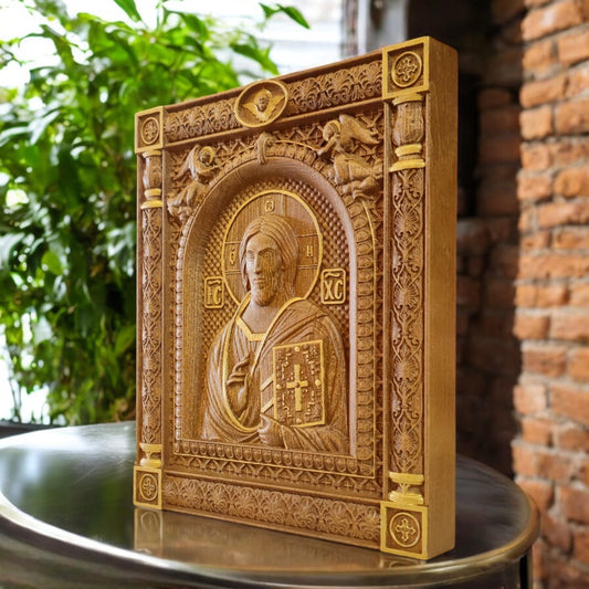 Christ Pantocrator of Sinai Wooden Carved Handcrafted Christian Religious Icon. Byzantine Home Wall Art Decor Gift. Orthodox Greek Woodcarving Sculpture.