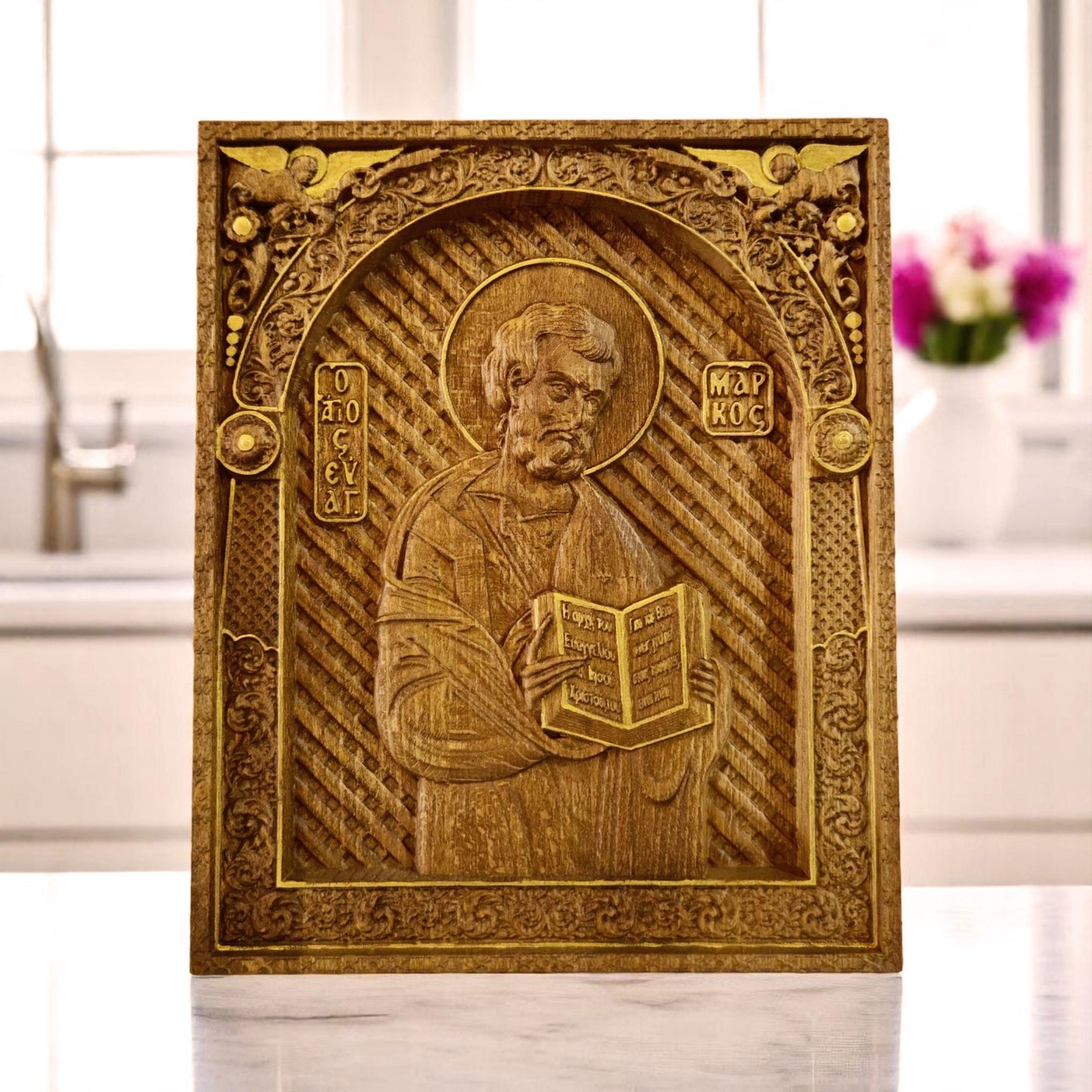 Mark the Evangelist Wooden Carved Handcrafted Christian Religious Icon. Byzantine Home Wall Art Decor Gift. Orthodox Greek Woodcarving Sculpture.