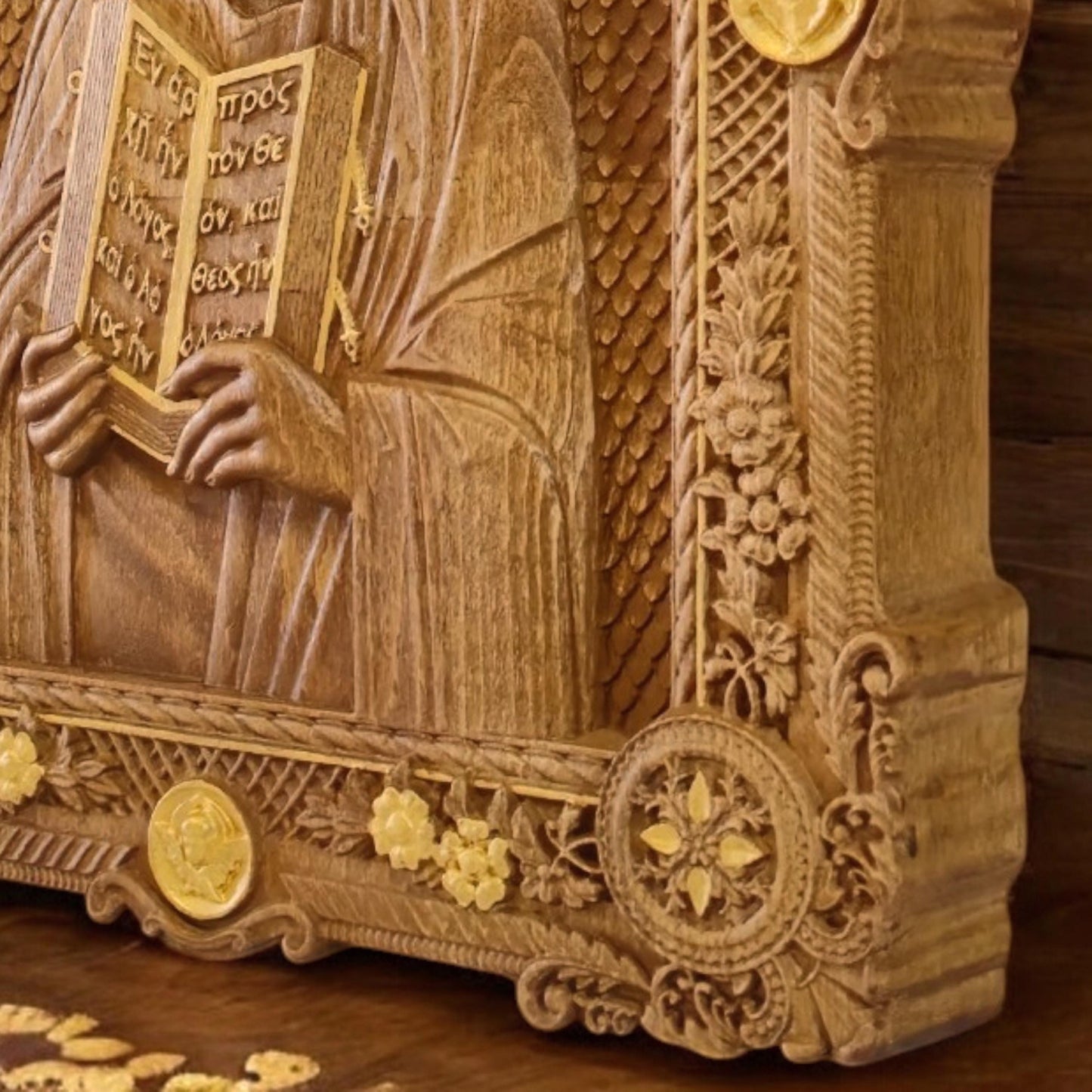 Saint John the Theologian Wooden Carved Handcrafted Christian Religious Icon. Byzantine Home Wall Art Decor Gift. Orthodox Greek Woodcarving Sculpture.