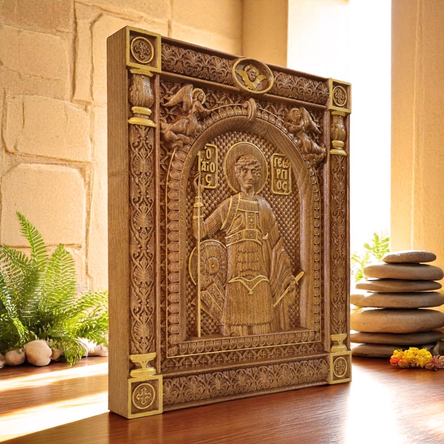 Saint George Wooden Carved Handcrafted Christian Religious Icon. Byzantine Home Wall Art Decor Gift. Orthodox Greek Woodcarving Sculpture.