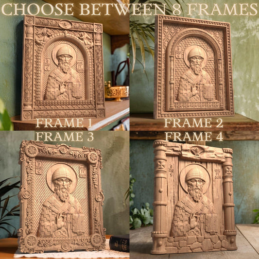 Saint Spyridon Wooden Carved Handcrafted Christian Religious Icon. Byzantine Home Wall Art Decor Gift. Orthodox Greek Woodcarving Sculpture.