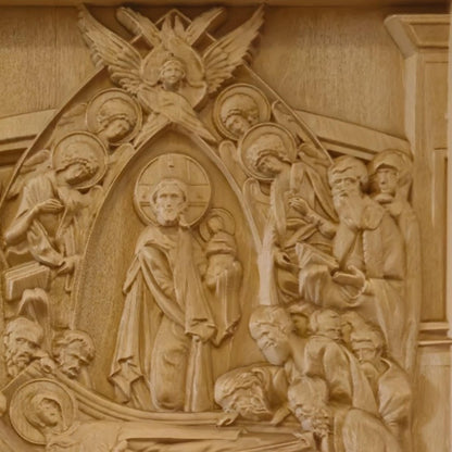 Dormition of the Mother of God Wooden Carved Handmade Christian Icon. Byzantine Greek Decor.