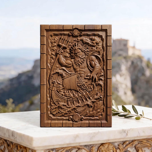 Poseidon Punishes Odysseus from Ancient Greek Mythology 3D Wooden Bas Relief Panel Art Sculptural Gift Idea Cretan Holy Carvings