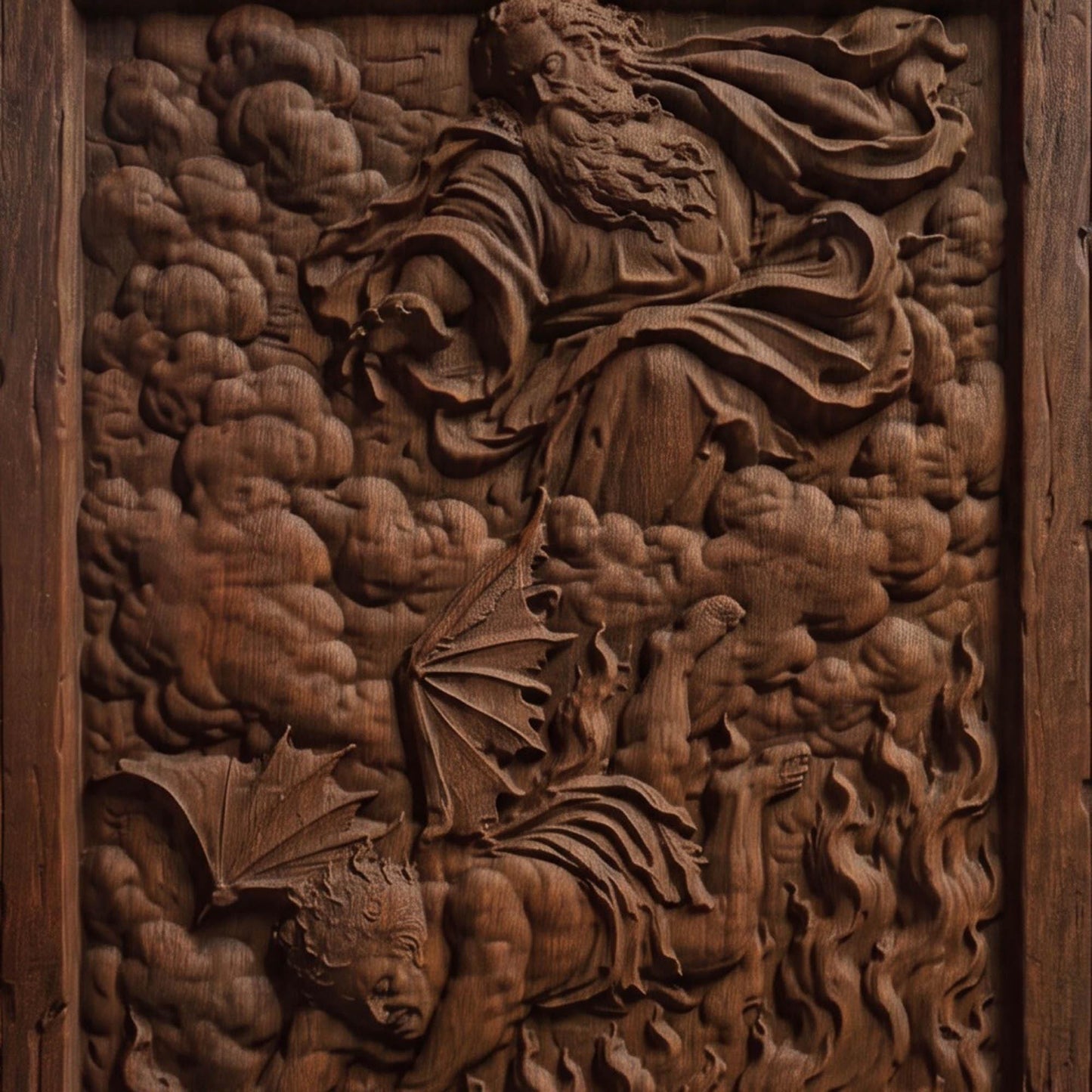 God Banishes Lucifer Wooden Carved Handmade Christian Icon  Byzantine Greek Orthodox Home Decor Cretan Holy Carvings