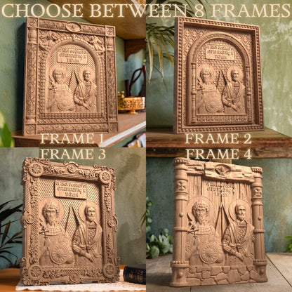 Saints Theodore Tyron and Stratelates Wooden Carved Handcrafted Christian Religious Icon. Byzantine Home Wall Art Decor Gift. Orthodox Greek Woodcarving Sculpture.