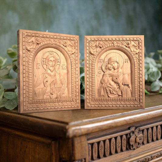 Christ and Mother of God Set Two Wooden Carved Handcrafted Christian Religious Icon. Byzantine Home Wall Art Decor Gift. Orthodox Greek Woodcarving Sculpture.