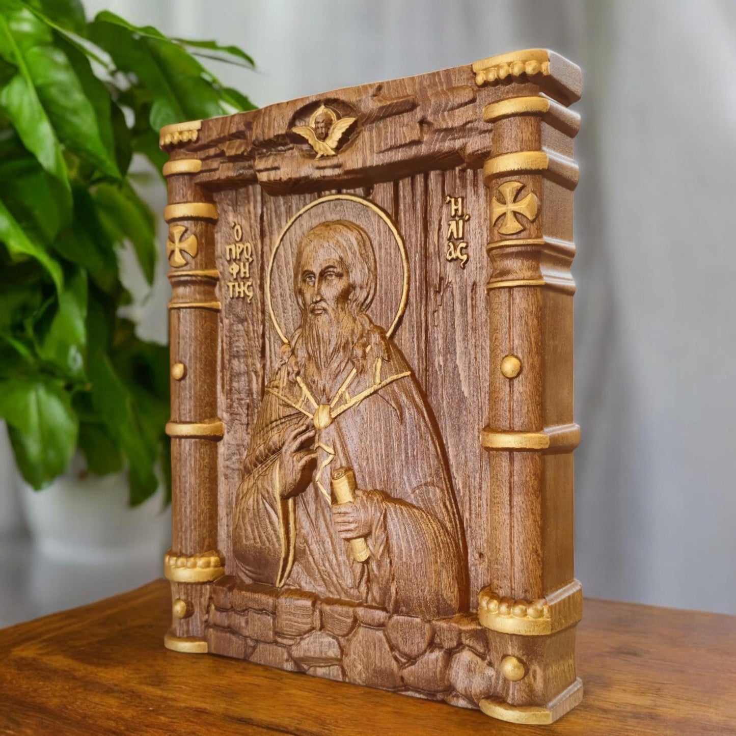 Prophet Elijah Wooden Carved Handcrafted Christian Religious Icon. Byzantine Home Wall Art Decor Gift. Orthodox Greek Woodcarving Sculpture.