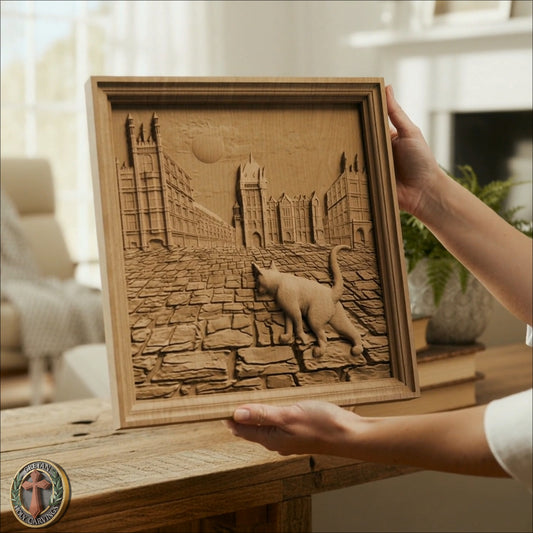 Cat Walking in the Street Scene Handmade Wooden Carving. Home Gift Wall Art Nature Decor.