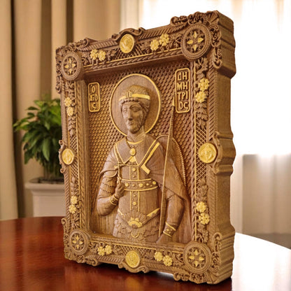 Saint Demetrius of Thessaloniki Wooden Carved Handmade Christian Icon. Byzantine Greek Orthodox Home Decor.