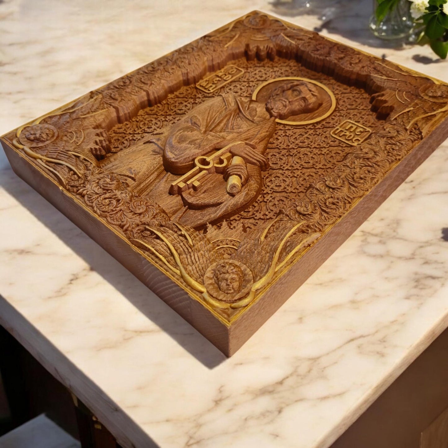 Saint Peter the Apostle Wooden Carved Handcrafted Christian Religious Icon. Byzantine Home Wall Art Decor Gift. Orthodox Greek Woodcarving Sculpture.