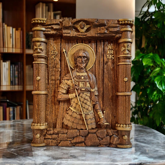 Saint Nikitas Wooden Carved Handcrafted Christian Religious Icon. Byzantine Home Wall Art Decor Gift. Orthodox Greek Woodcarving Sculpture.