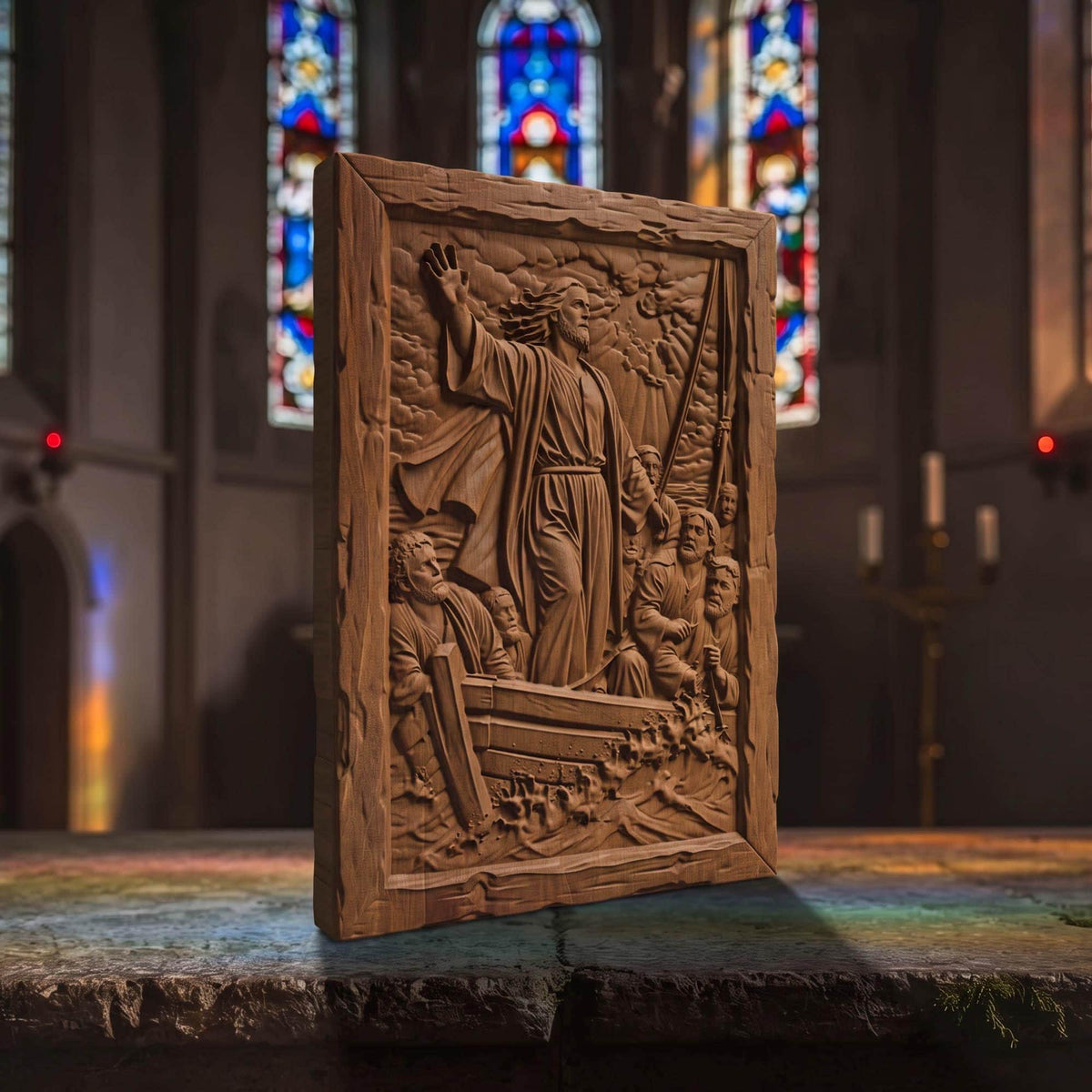 Jesus Christ Calms the Waters Wooden Carved Handmade Christian Icon  Byzantine Greek Orthodox Home Decor Cretan Holy Carvings