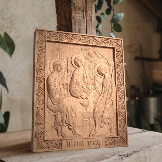 Holy Trinity Wooden Carved Handcrafted Christian Religious Icon. Byzantine Home Wall Art Decor Gift. Orthodox Greek Woodcarving Sculpture.