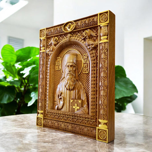 Saint Nectarios of Aegina Wooden Carved Handcrafted Christian Religious Icon. Byzantine Home Wall Art Decor Gift. Orthodox Greek Woodcarving Sculpture.