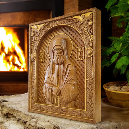 Saint Paisios of Mount Athos Wooden Carved Handcrafted Christian Religious Icon. Byzantine Home Wall Art Decor Gift. Orthodox Greek Woodcarving Sculpture.