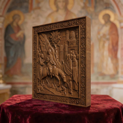 Jesus Christ Triumphal Entry  Wooden Carved Handmade Christian Icon Right Side Brown Oak Cretan Holy Carvings