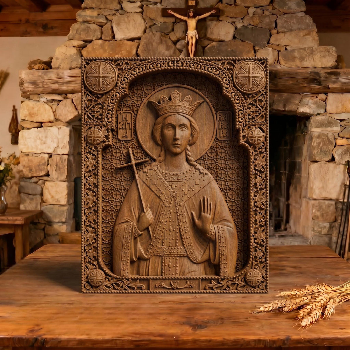Saint Barbara Wooden Carved Handmade Christian Icon Patron Saint of Artillerymen Cretan Holy Carvings
