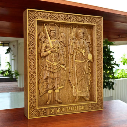 Archangels Michael and Gabriel Wooden Carved Handcrafted Christian Religious Icon. Byzantine Home Wall Art Decor Gift. Orthodox Greek Woodcarving Sculpture.